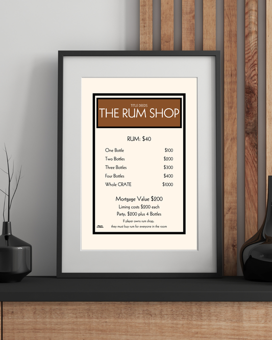 Framed poster of 'The Rum Shop' menu on a wall with decorative elements.