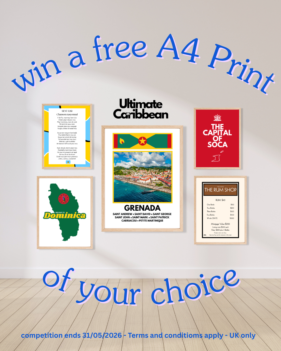 Promotional image with framed prints on a wall, advertising a free A4 print competition.